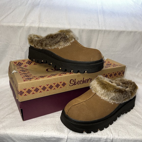 Skechers Shoes - NIB Skechers Women's Brown Suede Fortress Faux Fur Lined‎ Slides Thick Sole Sz 8